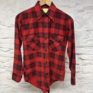 Sears Perma Prest Flannel Shirt Mens Small Red Plaid Grunge Work Vintage 60s 70s